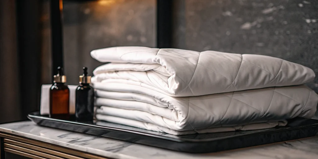 A professionally cleaned white comforter, folded and ready for delivery in West Hills.