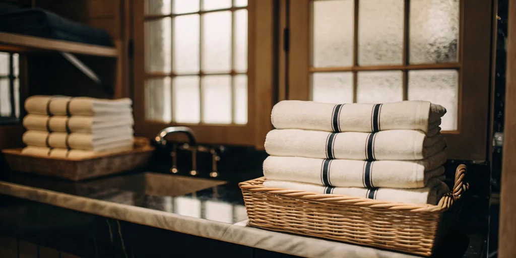 Cold Spring Harbor towel laundry service with stacks of clean towels in baskets.
