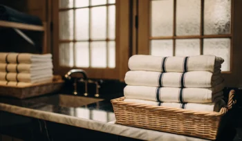 Cold Spring Harbor towel laundry service with stacks of clean towels in baskets.