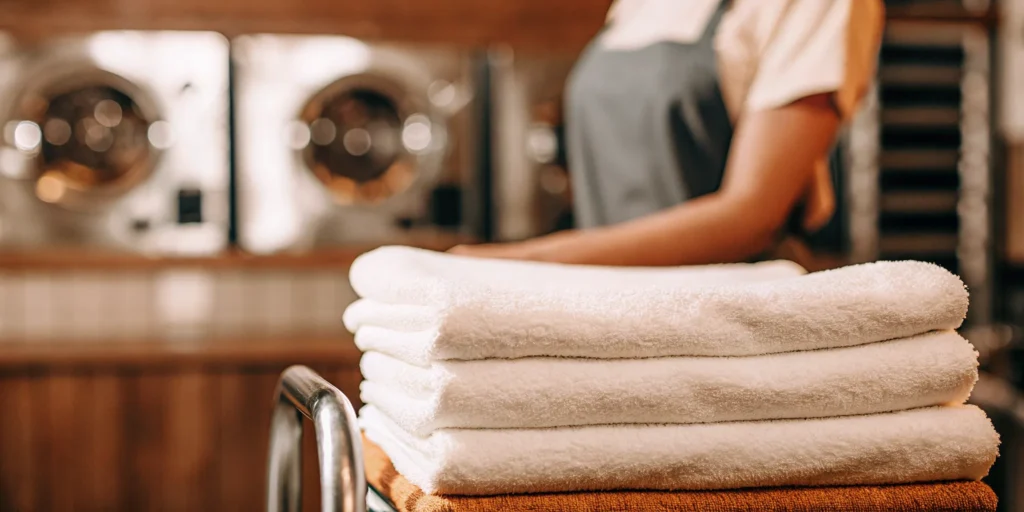 A cart of freshly laundered towels from a professional laundry service in Sea Cliff.