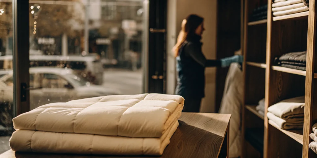 Professionally cleaned comforter folded and ready for pickup in Melville.