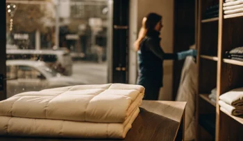 Professionally cleaned comforter folded and ready for pickup in Melville.