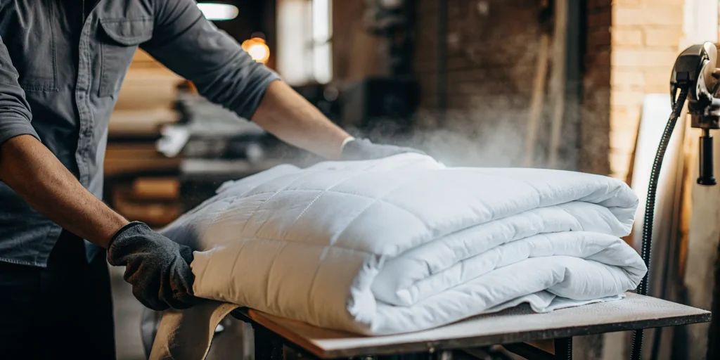 Professional comforter cleaning service in Laurel Hollow handling a white comforter.
