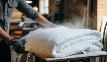 Professional comforter cleaning service in Laurel Hollow handling a white comforter.