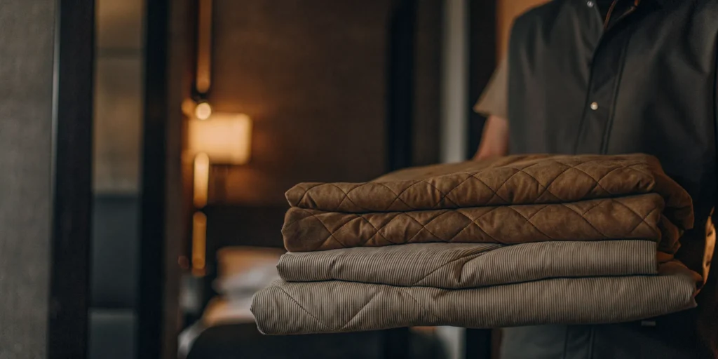 Professionally cleaned comforters folded and ready for delivery in Roslyn Heights.