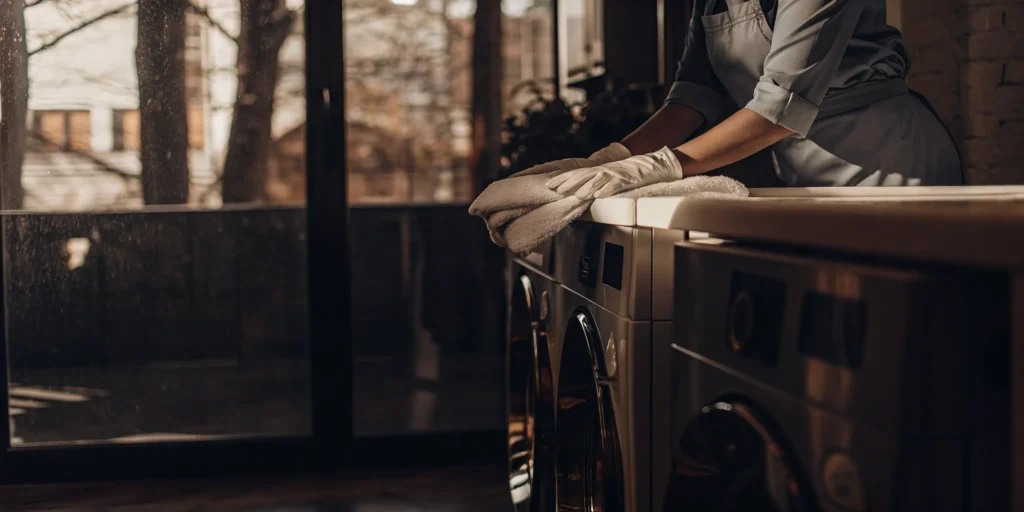 A professional folding a freshly cleaned comforter in Williston Park.
