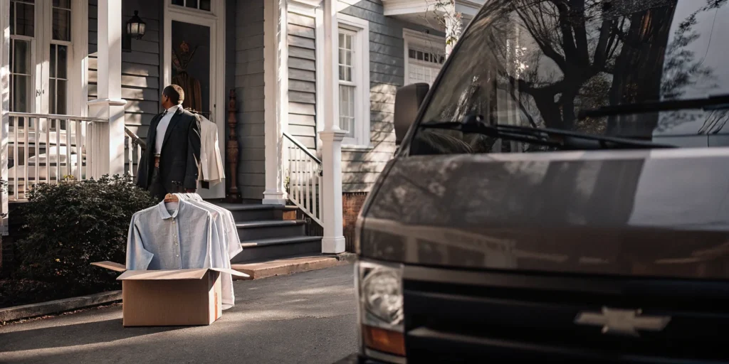 Laundry delivery service in Cove Neck delivering a box of fresh, folded clothes to a home.