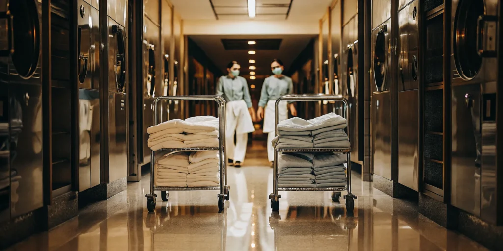 Professional medical laundry service in Commack with carts of sanitized linens.