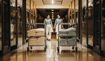 Professional medical laundry service in Commack with carts of sanitized linens.