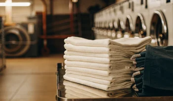 Professionally folded towels from a bulk laundry service on Long Island.