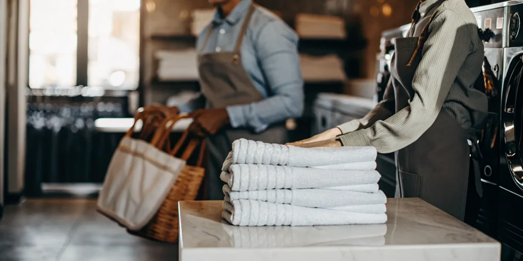 Professional wash and fold service in Freeport with stacks of clean laundry.