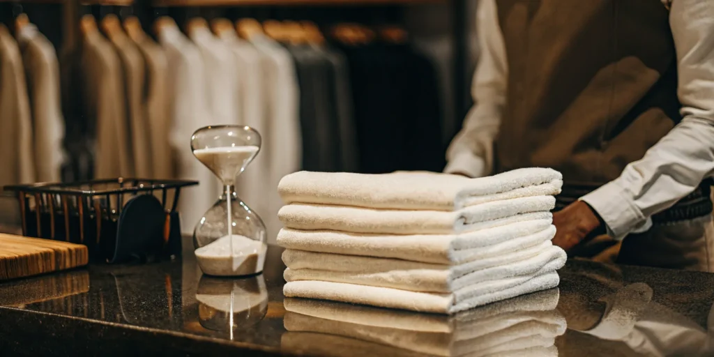 A stack of clean, folded towels from a wash and fold service in Oceanside.