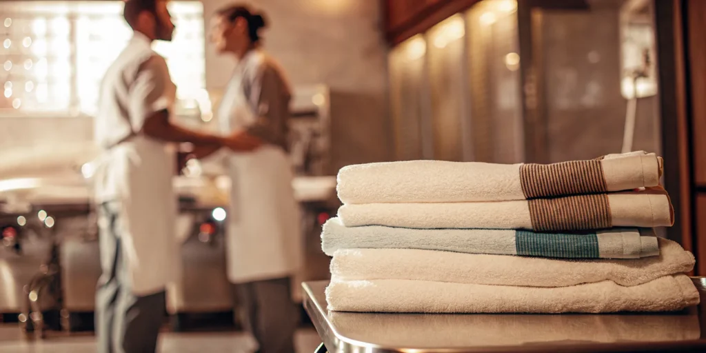 Clean, folded towels from a commercial laundry service for businesses on Long Island.