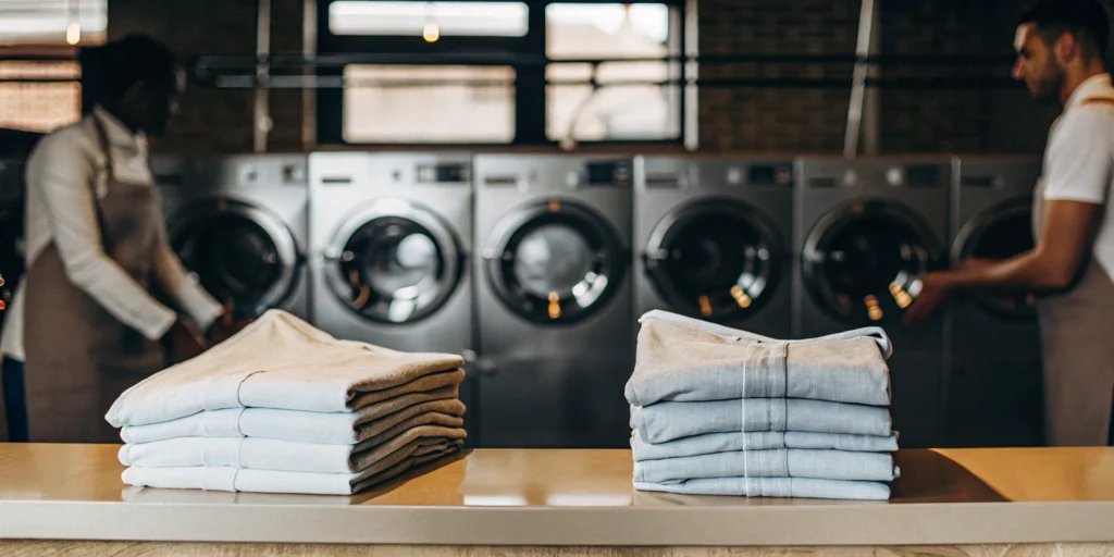 Stacks of folded laundry from a professional laundry service in Baldwin.