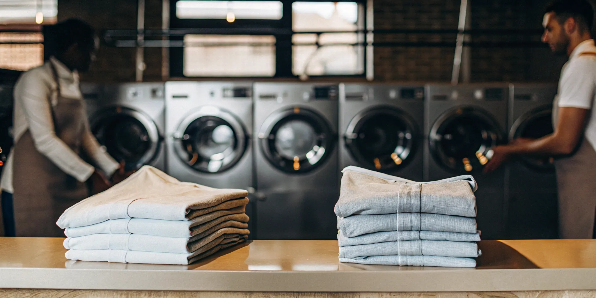 Stacks of folded laundry from a professional laundry service in Baldwin.