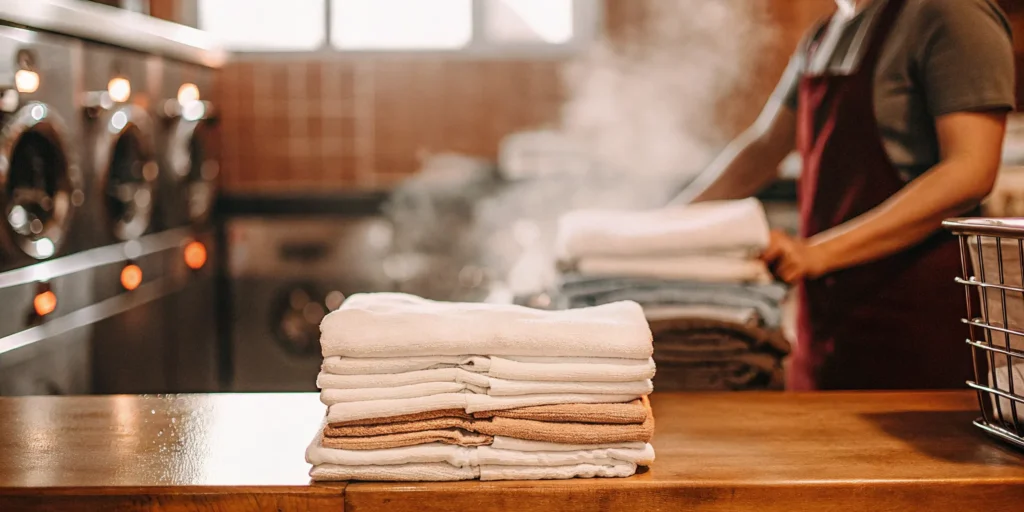 A stack of clean clothes from a Patchogue wash and fold service.