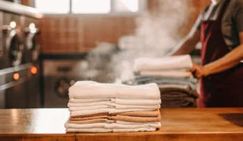 A stack of clean clothes from a Patchogue wash and fold service.
