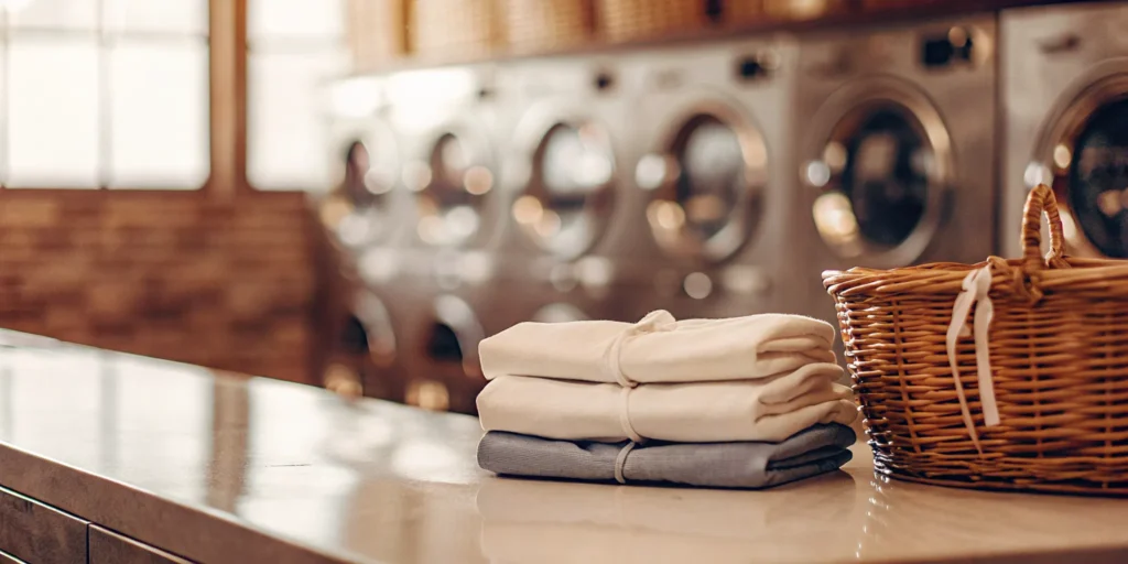Amityville wash and fold service with a stack of neatly folded laundry.