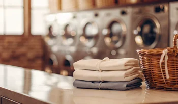 Amityville wash and fold service with a stack of neatly folded laundry.