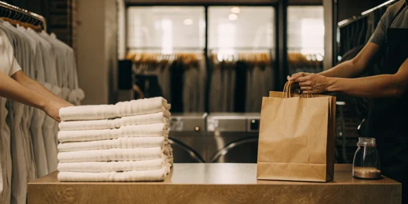 Wash and fold Medford service with a bag of professionally folded clean laundry.
