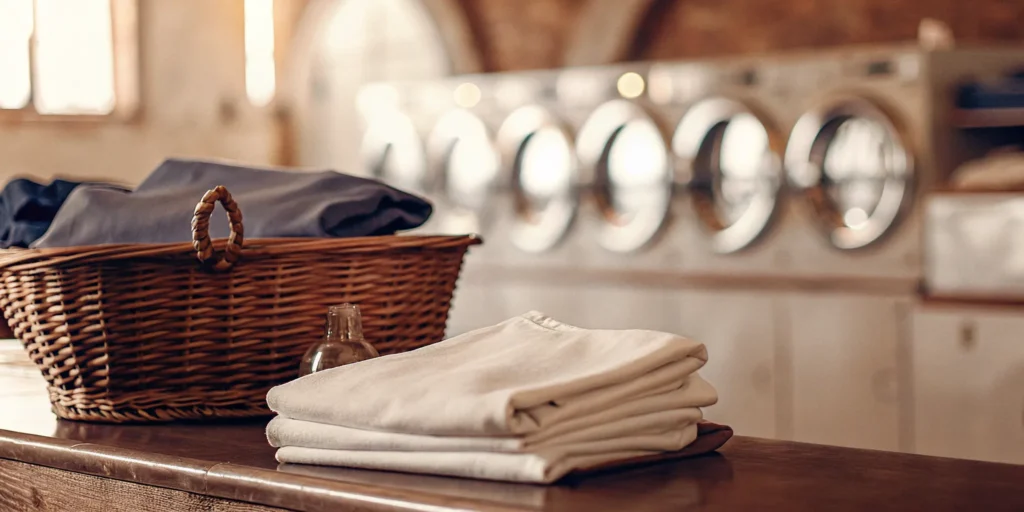 Freshly folded laundry in a basket at a Sayville wash and fold service.