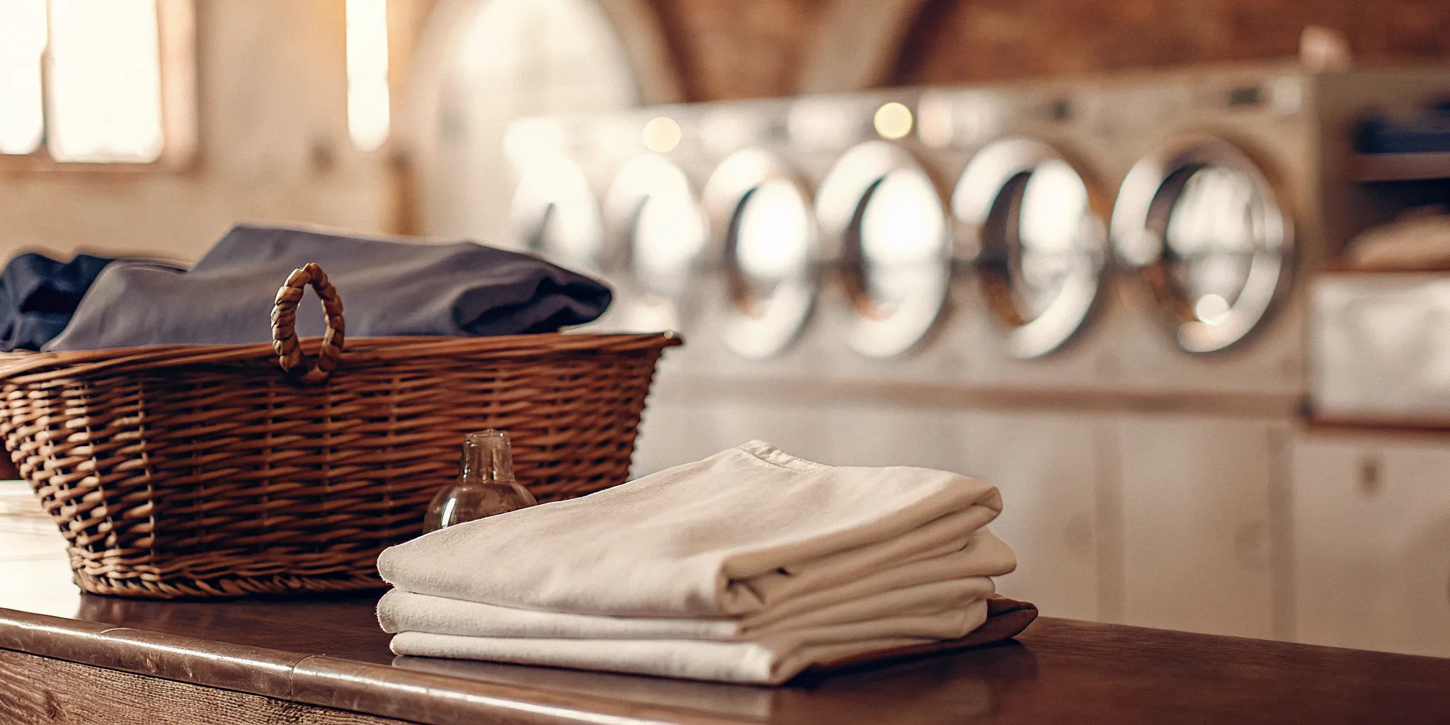 Freshly folded laundry in a basket at a Sayville wash and fold service.