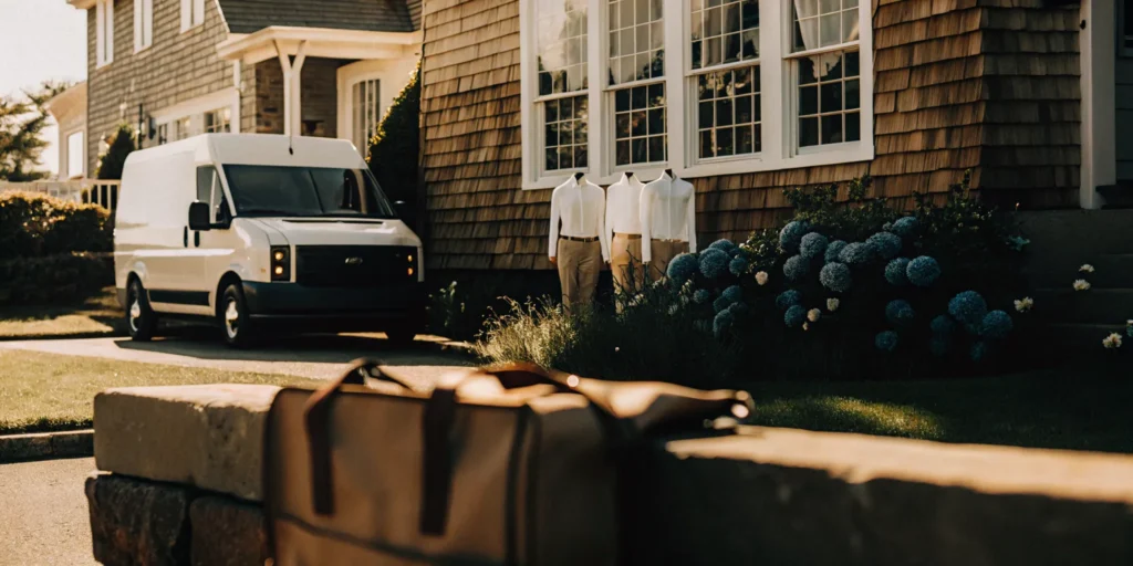 Dry cleaning pickup and delivery van collecting laundry bags from a home on Long Island.
