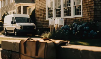 Dry cleaning pickup and delivery van collecting laundry bags from a home on Long Island.