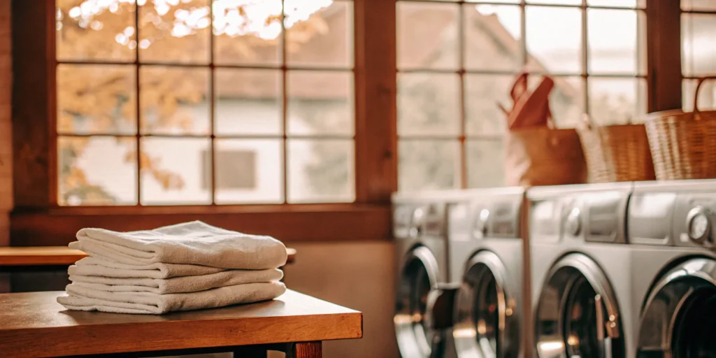 A Stony Brook laundry service with neatly folded laundry and washing machines.