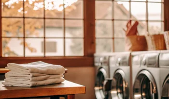 A Stony Brook laundry service with neatly folded laundry and washing machines.
