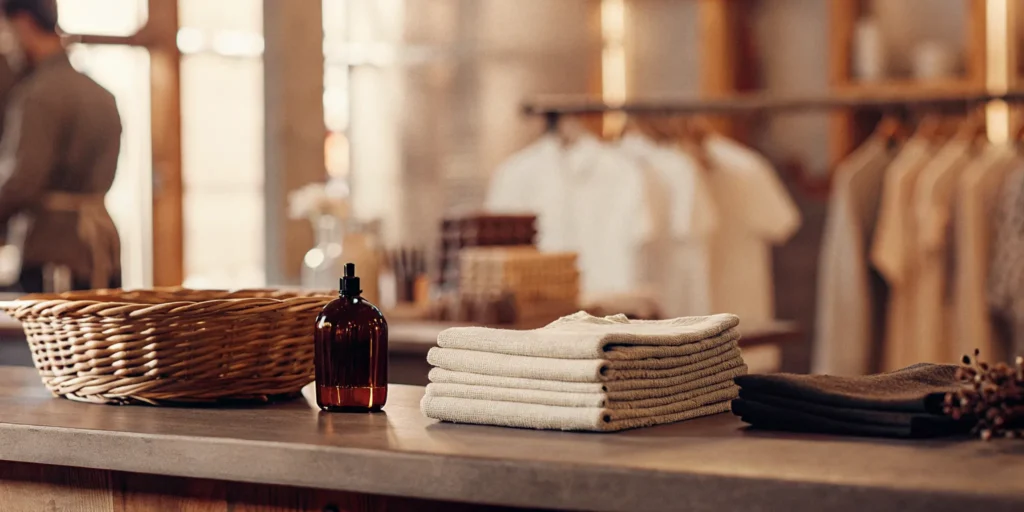 A stack of professionally folded laundry at a wash and fold in Port Jefferson.