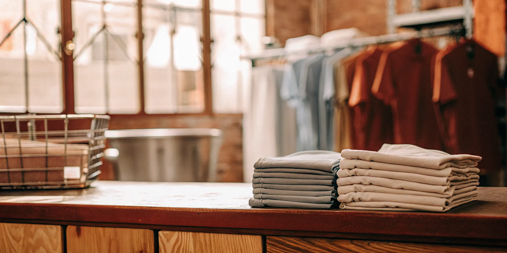 Folded laundry on a counter at a wash and fold service in Ronkonkoma.