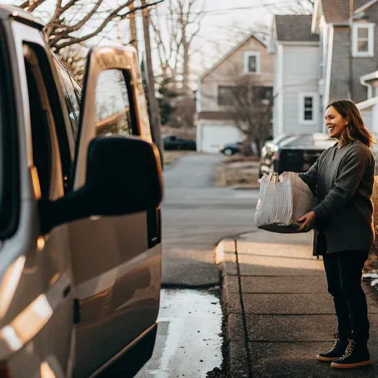 Woman receiving laundry delivery from a service van at her home in Bayville.